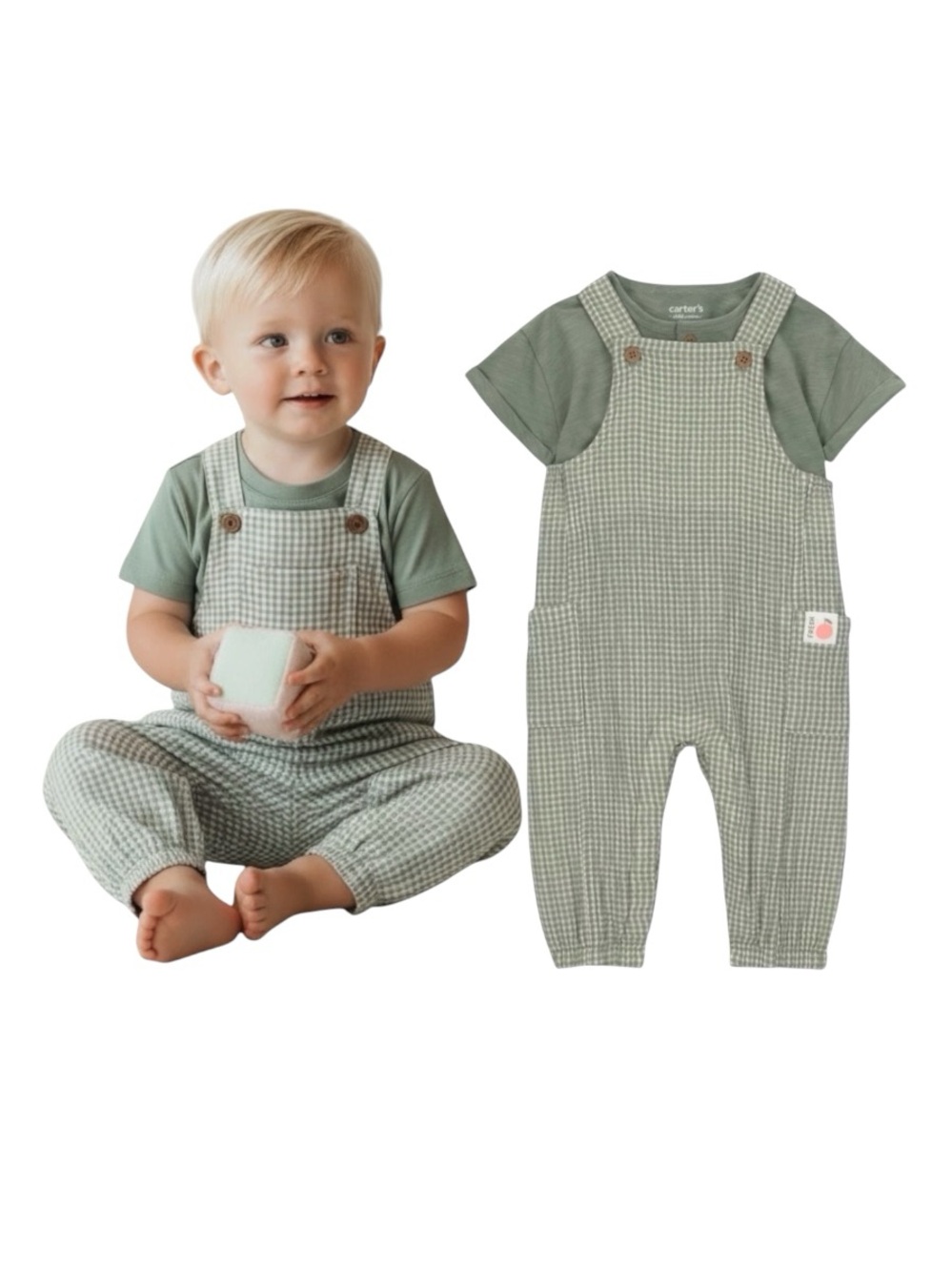 Carter's Green Gingham Overalls and Tee Set